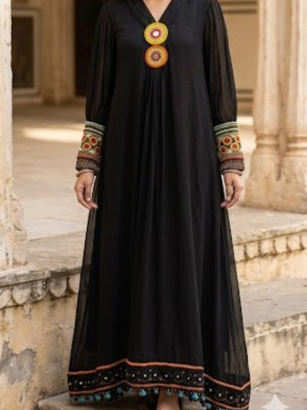 Black Maxi Dress with details colourful embroidery
